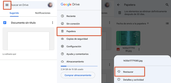 Como recuperar un archivo borrado o eliminado en Google Drive desde la aplicacion movil
