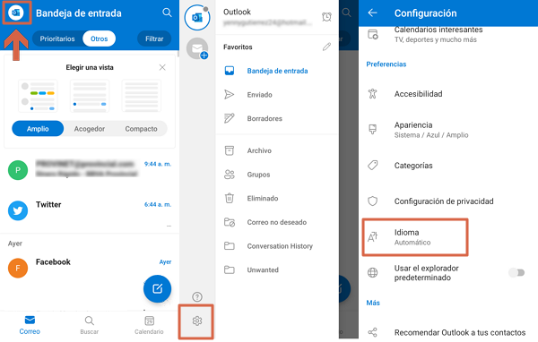 Como cambiar el idioma de tu correo Hotmail (Outlook) desde la aplicacion movil